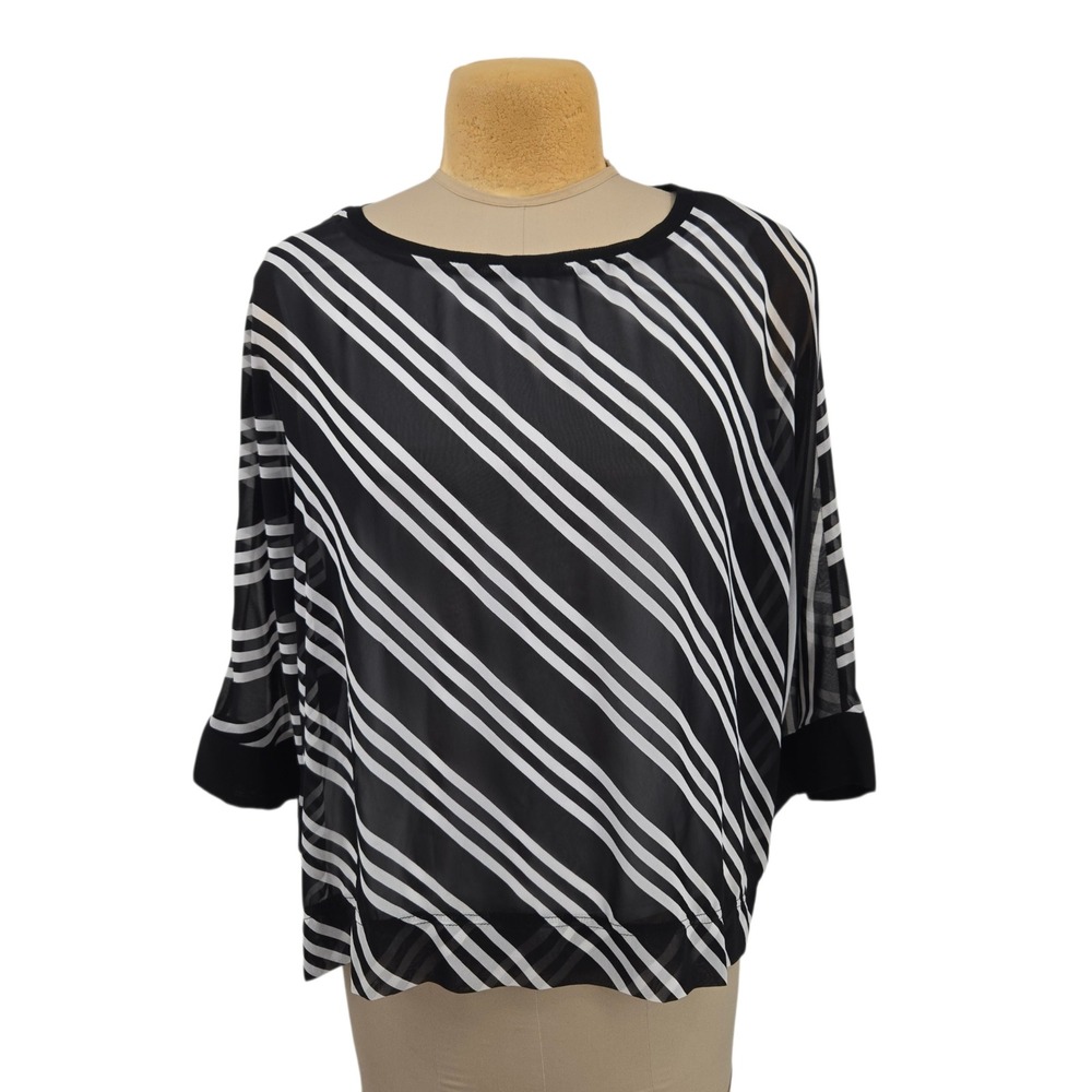Worthington Blouse Women XL Black White Striped Sheer Overlay Career Top Casual
